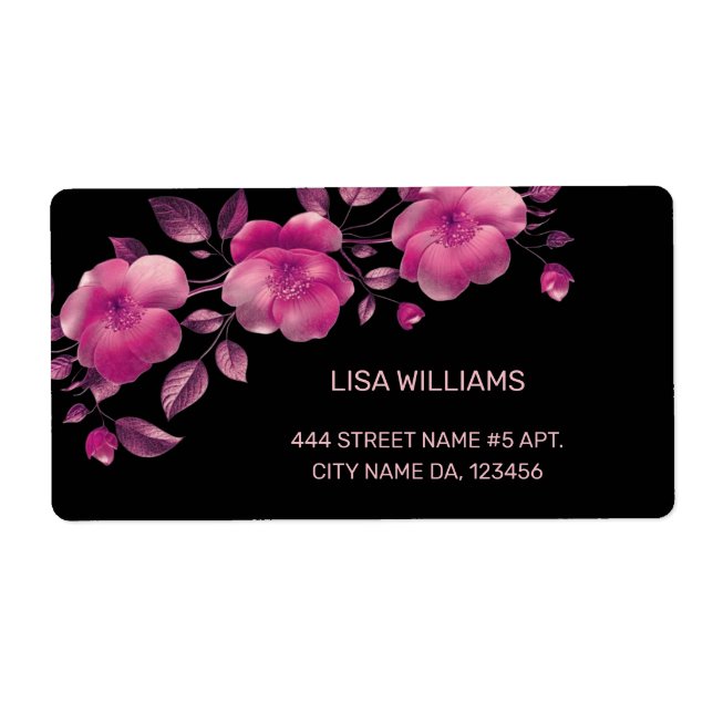 Etiqueta Flor metálica rosa brillante negro (Frente)