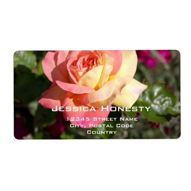 Etiqueta flor rosa rosa y amarilla, personalizado (Frente)