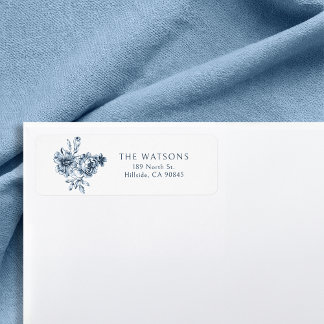 Etiqueta Floral azul con grabado elegante y personalizado