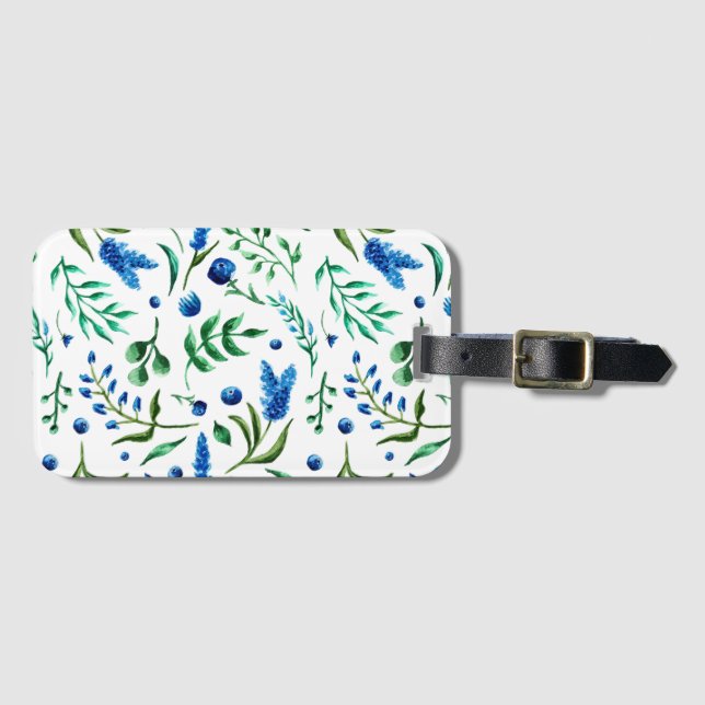 Etiqueta floral azul del equipaje de la acuarela (Anverso horizontal)