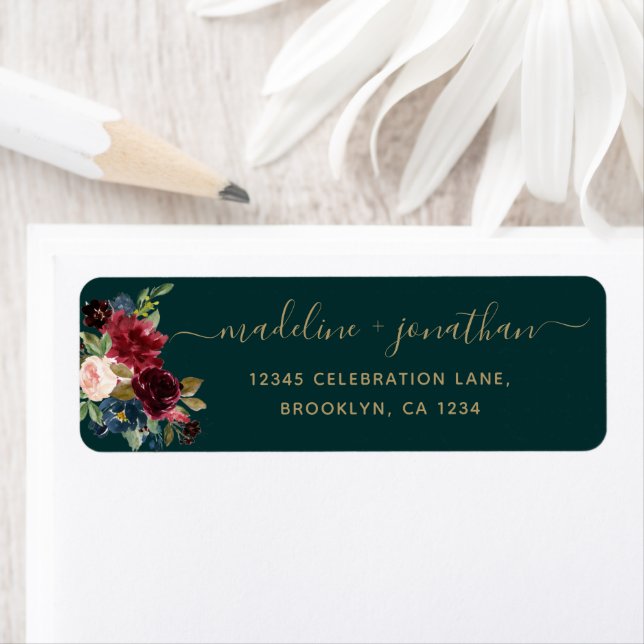 Etiqueta Floral Burgundy Naval Blue Emerald Gold Script (In situ)