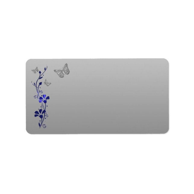 Etiqueta floral de mariposa gris azul y plata - en (Frente)
