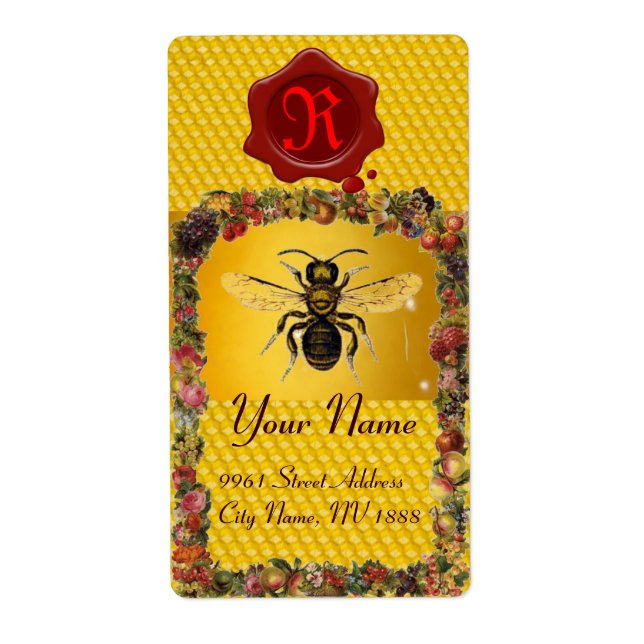 ETIQUETA FLORAL HONEY BEE, BEEKEEPER, RED WAX SEAL MONOGRAM (Frente)