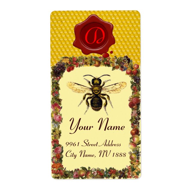 ETIQUETA FLORAL HONEY BEE, BEEKEEPER, RED WAX SEAL MONOGRAM (Frente)