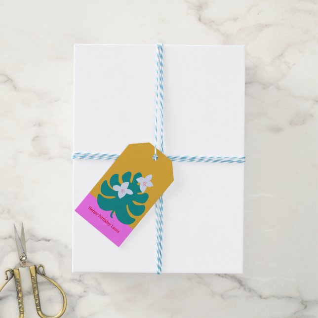 Etiqueta floral moderna de cumpleaños con nombre d (Con cuerda)