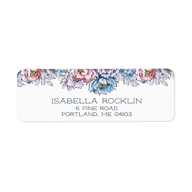 Etiqueta Floral rosa, azul y púrpura (Frente)