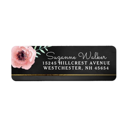 Etiqueta Floral rosado y negro elegante con la dirección
