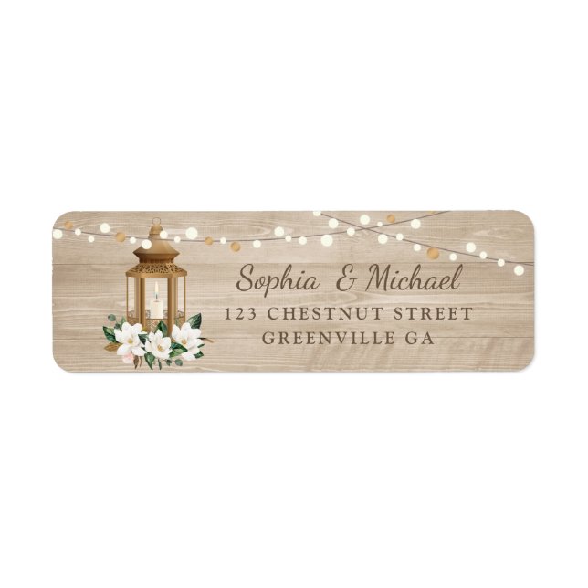 Etiqueta Floral Rustic Wood Lantern Magnolia String Luces (Frente)