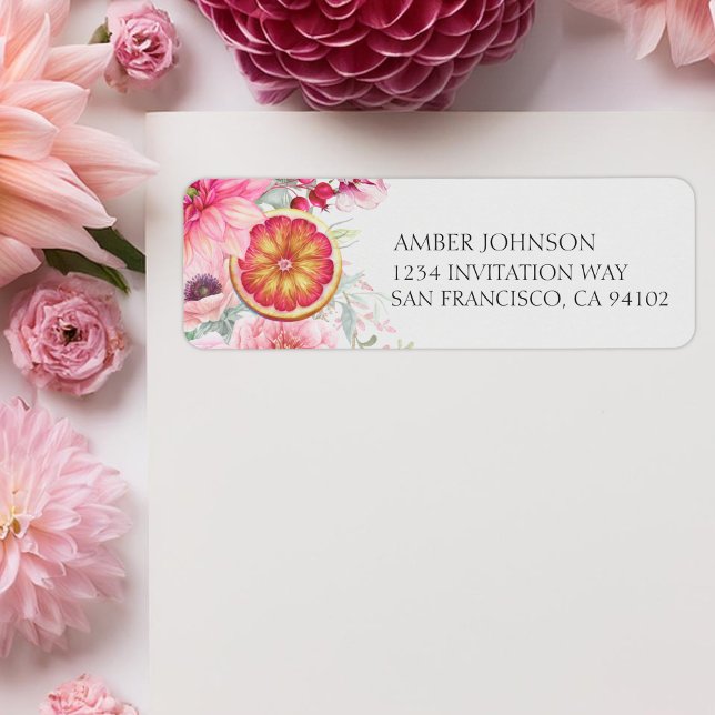 Etiqueta Flores Acuarela Rosa Cítrico Baby Shower (Citrus and pink watercolor flowers baby shower return address labels, girl baby shower)