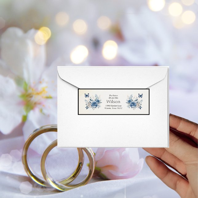 Etiqueta Flores azules y mariposas modernas Dirección Boda (Subido por el creador)