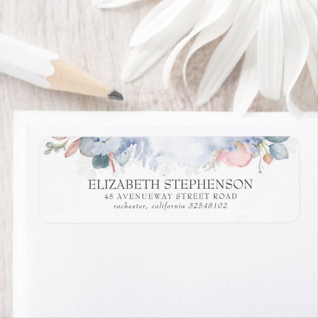 Etiqueta Flores de color de agua dulce elegante azul turbio (In situ)