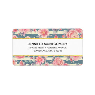 Etiqueta Flores de color de agua rosa en rayas