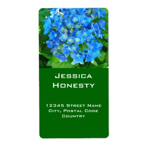 Etiqueta flores de hortensia azules de verano y sus hojas v