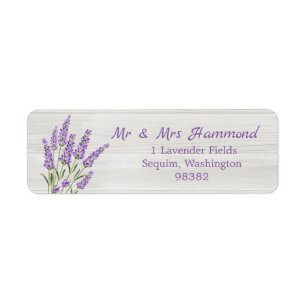 Etiqueta Flores de lavanda morada en madera