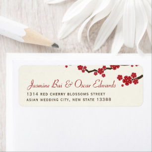 Etiqueta Flores de Sakura Rojas Florecen cerezos Boda asiát