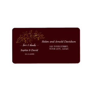 Etiqueta Flores Doradas Elegantes Bodas de Burgundy Profund