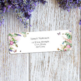 Etiqueta Flores Elegantes Rosadas Purpúreas y Mariposas