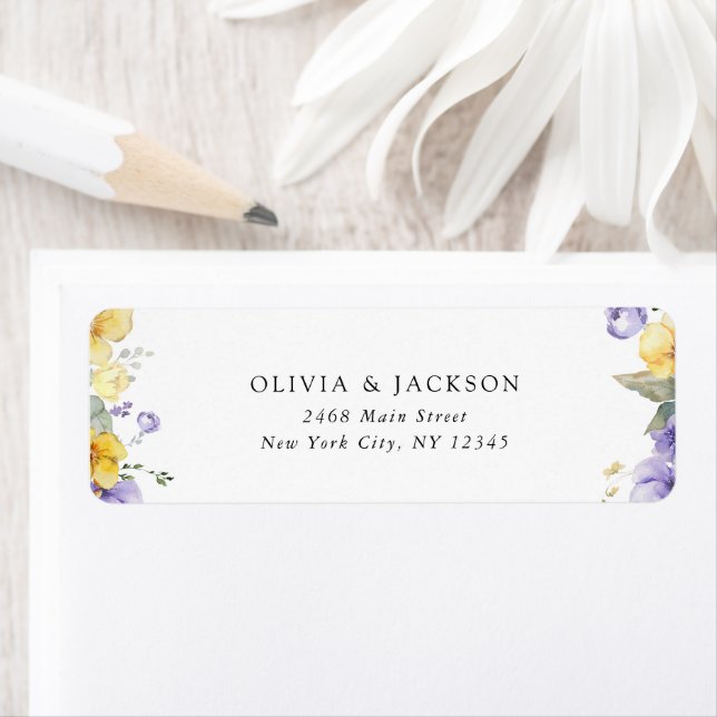 Etiqueta Flores moradas, flores amarillas, vegetación, Boda (In situ)
