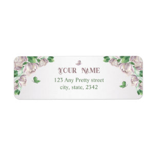 Etiqueta flores moradas hojas verdes boda
