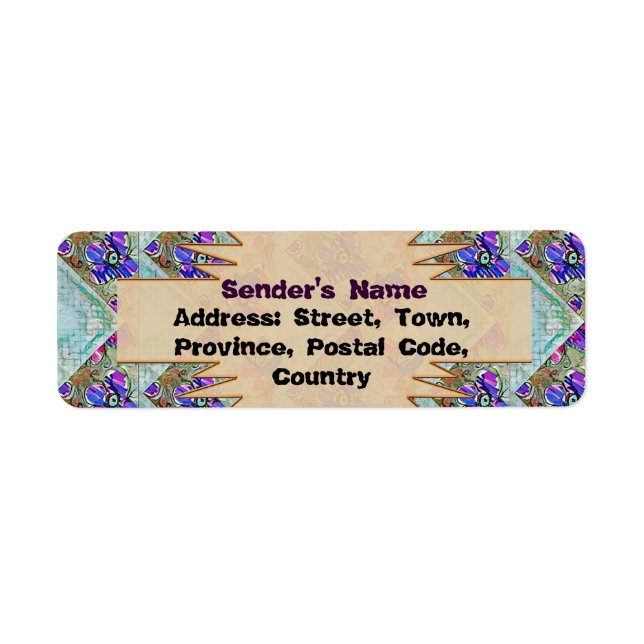 Etiqueta Flores moradas y azules cuadrados Zigzags (Frente)