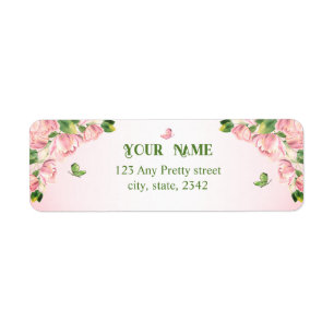 Etiqueta flores rosadas calientes hojas verdes boda