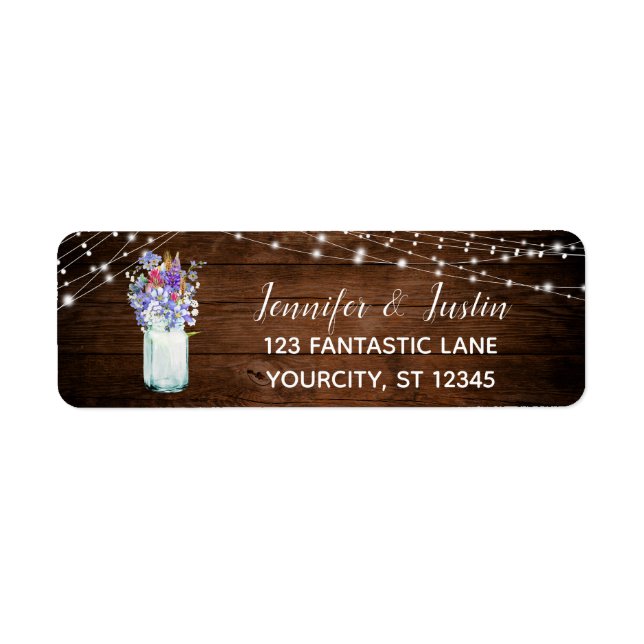 Etiqueta Flores silvestres en Mason Jar Lights & Brown Wood (Frente)