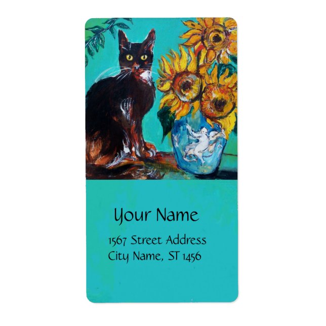 ETIQUETA FLUJOS CON GATO NEGRO EN TURQUÍA AZUL (Frente)