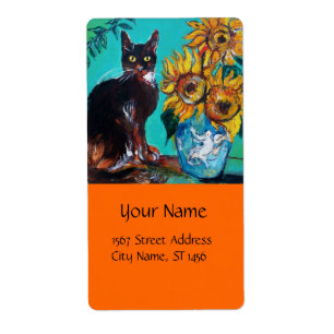 ETIQUETA FLUJOS CON GATO NEGRO EN TURQUÍA AZUL