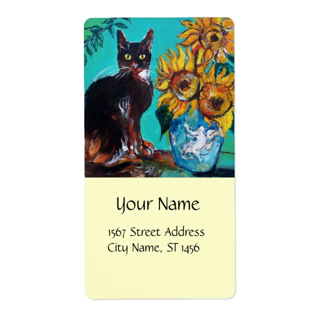 ETIQUETA FLUJOS CON GATO NEGRO EN TURQUÍA AZUL (Frente)