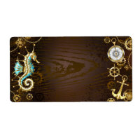 Fondo de madera con caballito de mar mecánico