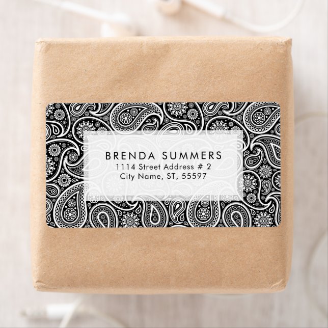 Etiqueta Fondo negro del Personalizado Paisley blanco (In situ)