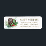 Etiqueta Forest Pine Cone Holly Holiday Return Address<br><div class="desc">Rustic,  winter forest,  nature themed Christmas return address labels featuring a watercolor pine cone,  red holly berries,  green leaves,  and pine boughs with a "Happy Holidays" greeting in gold lettering.</div>