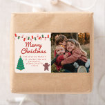 Etiqueta Foto de la familia navidades Merry Christmas Adres<br><div class="desc">Etiqueta navideña colorida de árbol de Navidad</div>