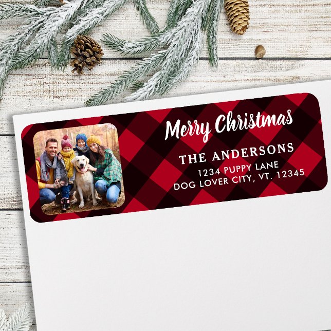 Etiqueta Foto personalizado Feliz Navidad Red Buffalo Plaid (Subido por el creador)