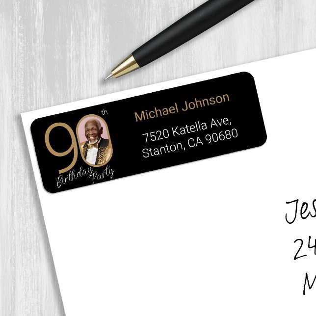 Etiqueta Foto personalizado Oro Negro 9000000 (Custom Photo Black Gold 90th Birthday Address Label)