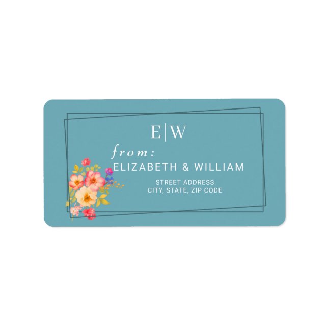 Etiqueta  Frame with Roses, Wedding style on retro blue (Frente)