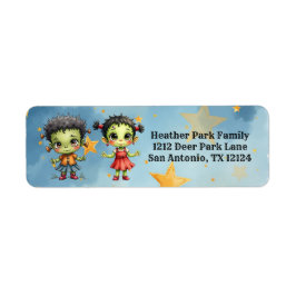 Etiqueta Frankenstein de Halloween niño y niña