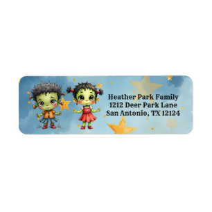 Etiqueta Frankenstein de Halloween niño y niña