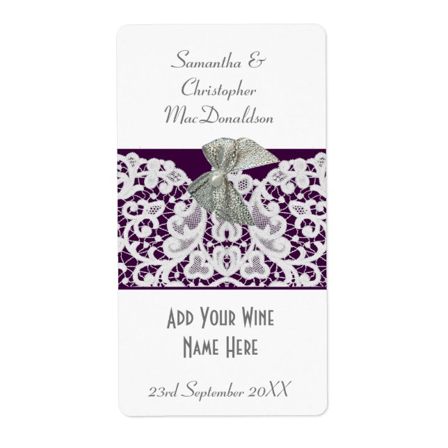 Etiqueta Frasco de vino boda de encaje blanco y violeta (Frente)
