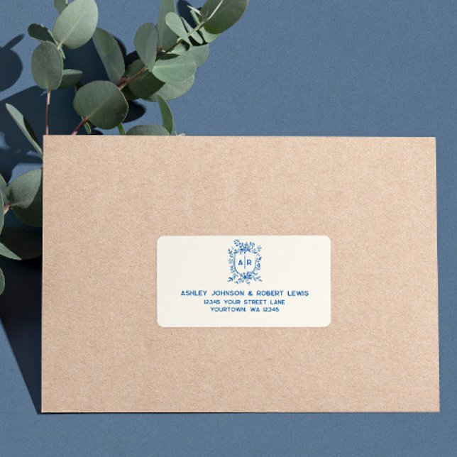 Etiqueta French Blue Monogram Crest Wedding RSVP Address (Subido por el creador)