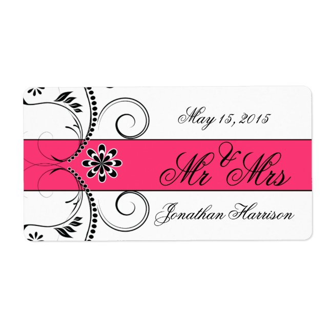 Etiqueta Fuchsia Ribbon Boda Sr. Mrs. Water Bottle Labels (Frente)