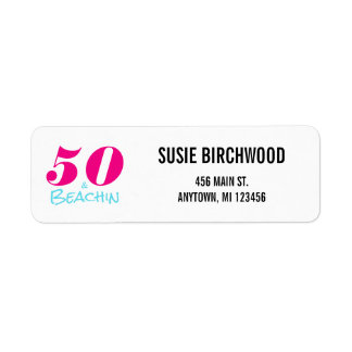 Etiqueta Fun 50 y Beachin Hot Pink Aquamarine Black Textos