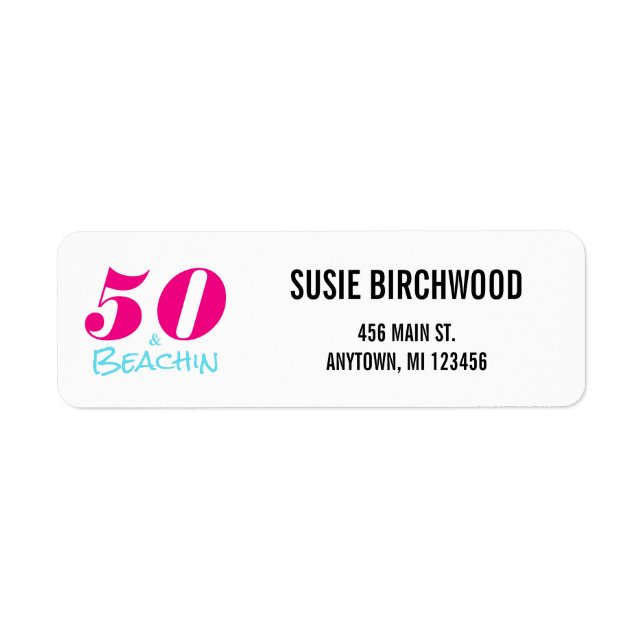 Etiqueta Fun 50 y Beachin Hot Pink Aquamarine Black Textos (Frente)