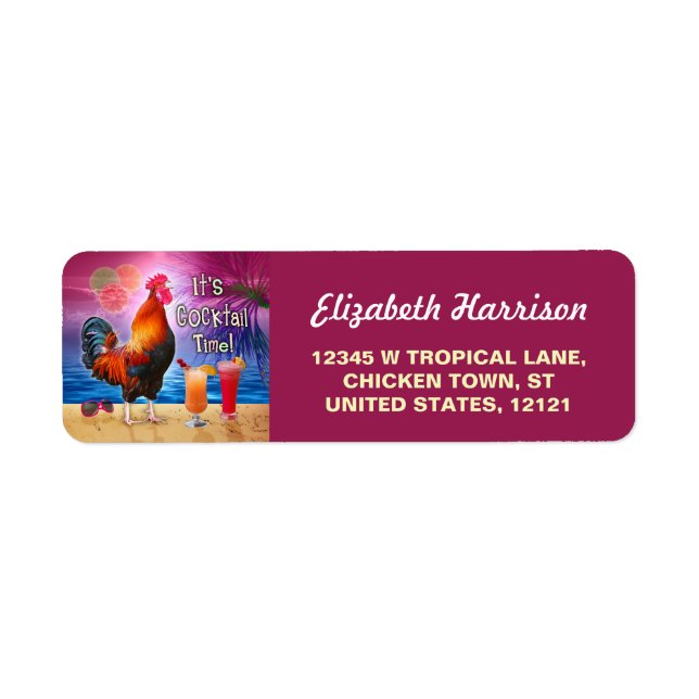 Etiqueta Funny Cocktail de pollo con galloMar de playa trop (Frente)