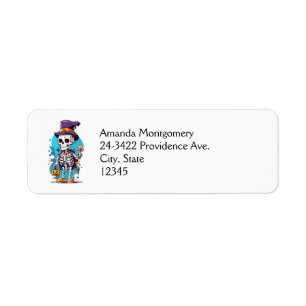 Etiqueta Funny Halloween Skeleton con sombrero superior