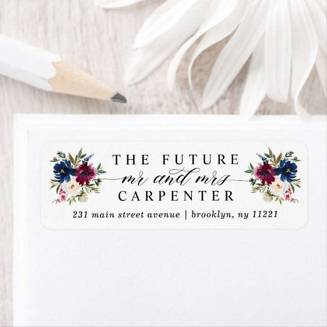 Etiqueta Futuro Sr. Navy Blue Burgundy Floral Boda (In situ)
