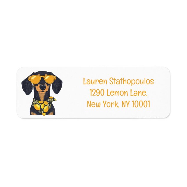 Etiqueta Gafas de sol para perros Cool Dachshund con limone (Frente)
