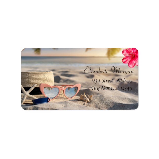 Etiqueta Gafas de sol Sombrero Conchas de mar Arena Hibisco (Frente)