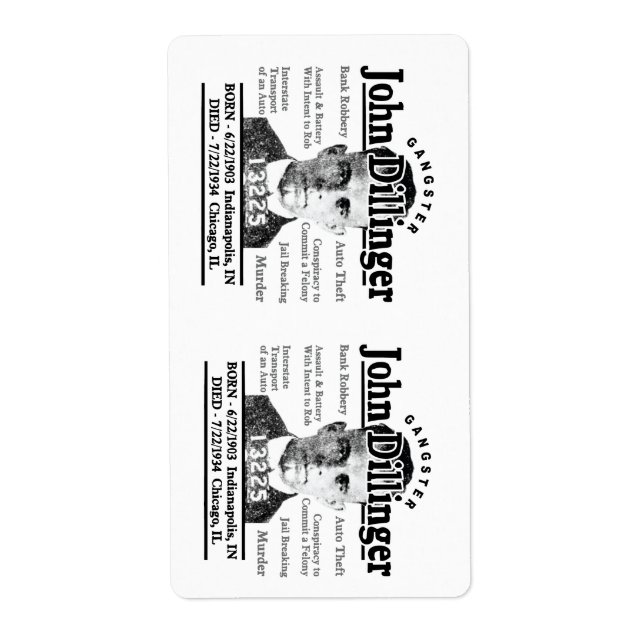 Etiqueta Gangster John Dillinger (Frente)