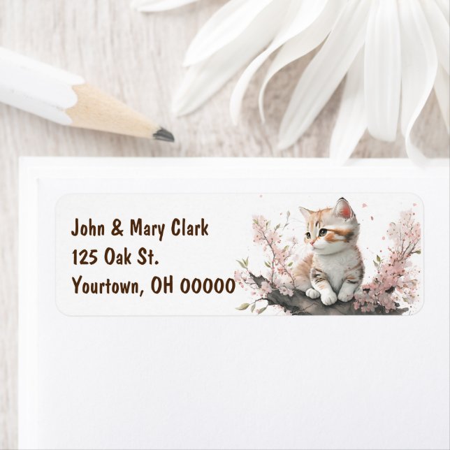 Etiqueta Gatito acuarela con flores rosas (In situ)
